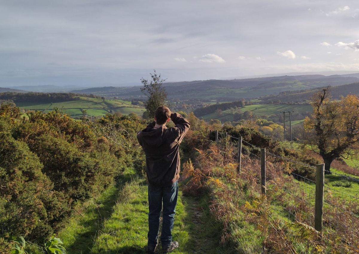 A path leading to a view of the welsh borders, with a young person standing with their back to the camera